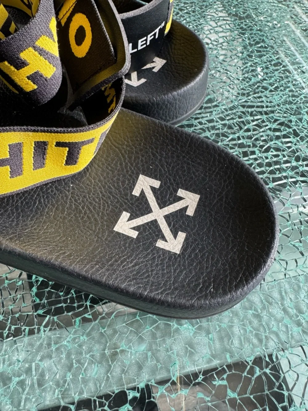 Off-White Black Slides‎ with Yellow Branded Sling 44